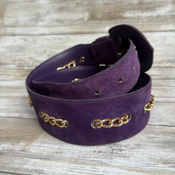 VTG Loring & Paige Suede Belt Sz ML Purple Gold Chunky Chainlink Adjustable 80s - Picture 2 of 12